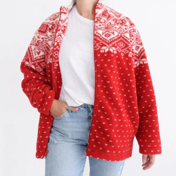Vintage Norther Reflections Red & Cream Winter Design Fleece Zip Up Sweater Med - Picture 3 of 13
